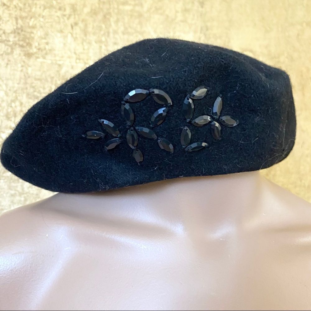 Vintage black beaded wool beret hat - Picture 1 of 3